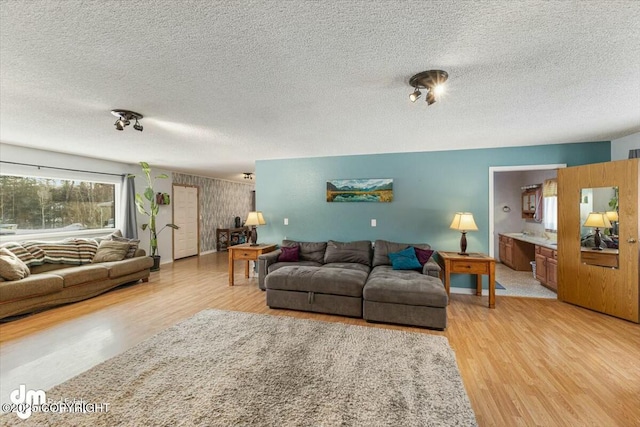 living room with a textured ceiling and light hardwood / wood-style flooring