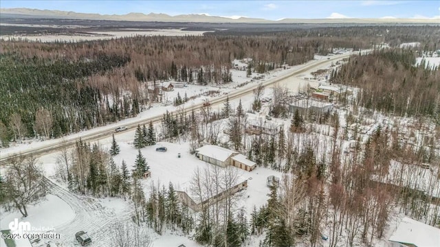 snowy aerial view with a mountain view