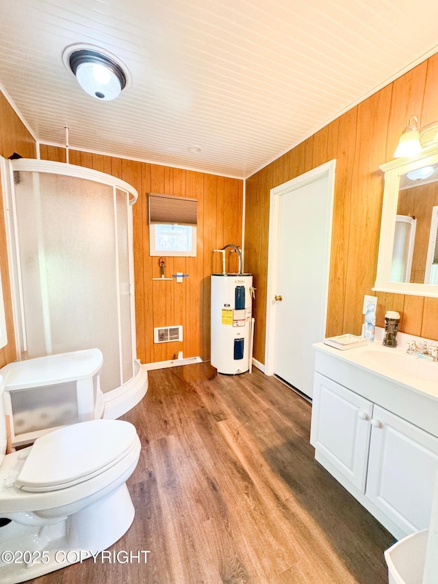 9218 N Erica Dr, Willow, AK 99688 - full bath with water heater, a stall shower, vanity, wood finished floors, and wood walls