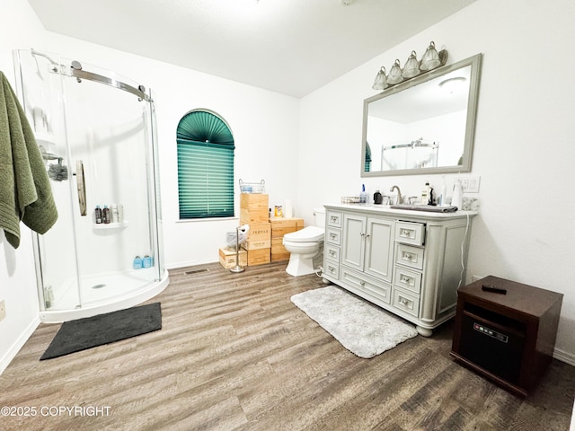 9218 N Erica Dr, Willow, AK 99688 - bathroom with wood finished floors, vanity, and a stall shower
