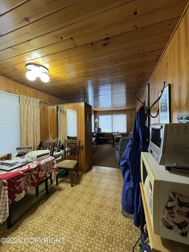 interior space featuring wooden ceiling and wood walls