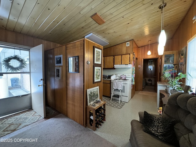 kitchen with white electric range, wood walls, wood ceiling, and decorative light fixtures