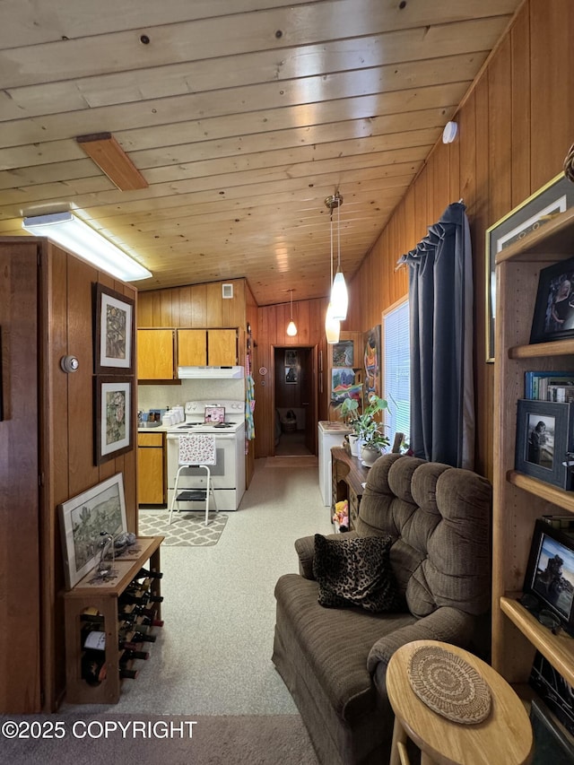 living room with light colored carpet, wooden walls, and wooden ceiling