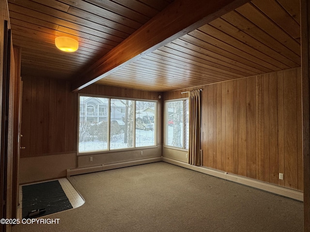 spare room with wooden walls and beamed ceiling