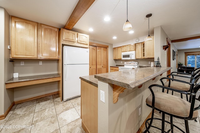 kitchen with a breakfast bar, hanging light fixtures, kitchen peninsula, light brown cabinets, and white appliances