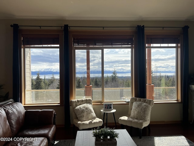 sunroom featuring a mountain view