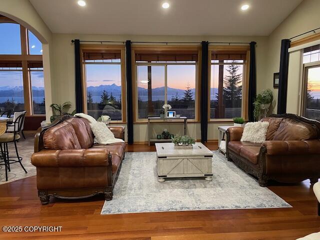 living room featuring lofted ceiling and hardwood / wood-style floors