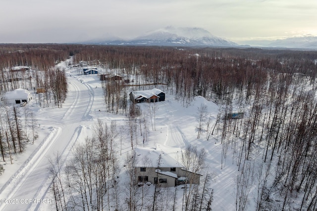 snowy aerial view with a mountain view