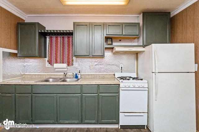 kitchen with crown molding, sink, white appliances, and decorative backsplash