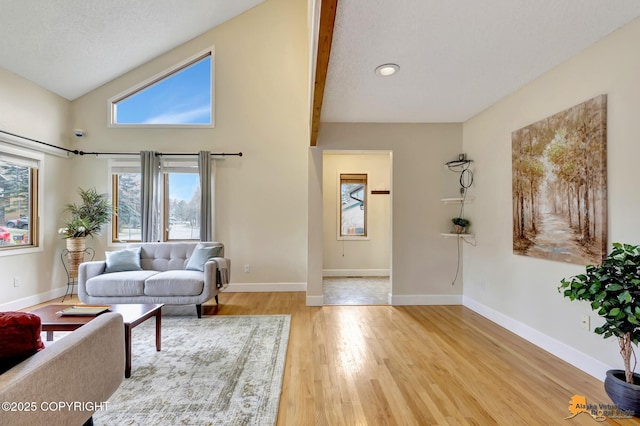 living area featuring baseboards, light wood-style flooring, and lofted ceiling