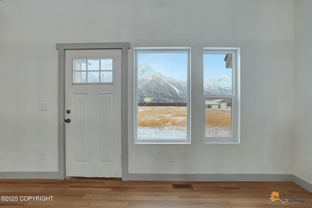 entryway featuring a mountain view and light hardwood / wood-style flooring