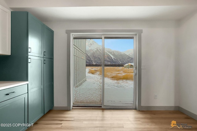 doorway with a mountain view and light hardwood / wood-style floors