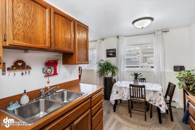 kitchen with sink, light hardwood / wood-style flooring, and baseboard heating