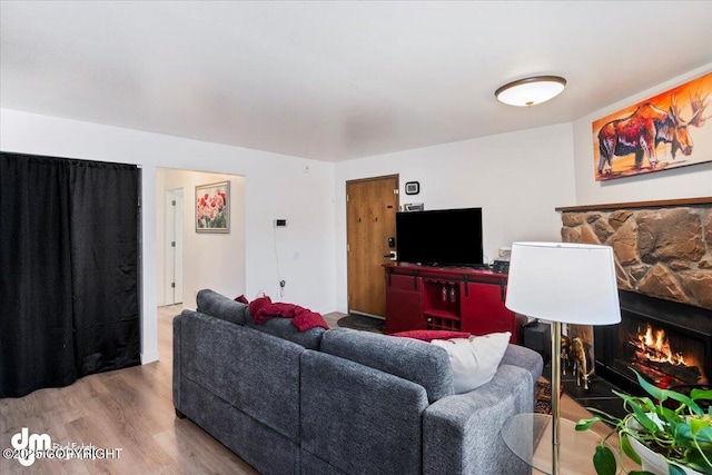 living room with a stone fireplace and wood-type flooring