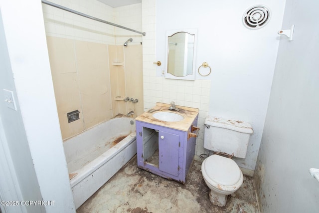 full bathroom with vanity, toilet, tub / shower combination, and tile walls