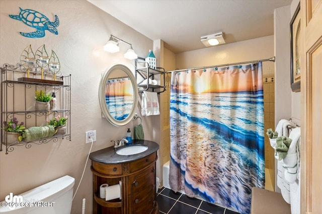 full bathroom with vanity, tile patterned flooring, toilet, and shower / bath combo with shower curtain