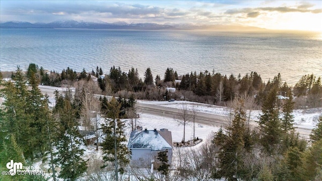 aerial view at dusk featuring a water view