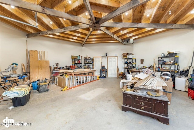 garage with a workshop area