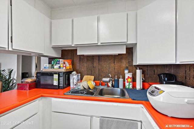 kitchen with white cabinetry, sink, and tasteful backsplash