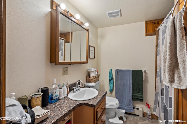 bathroom featuring vanity, curtained shower, a baseboard radiator, and toilet