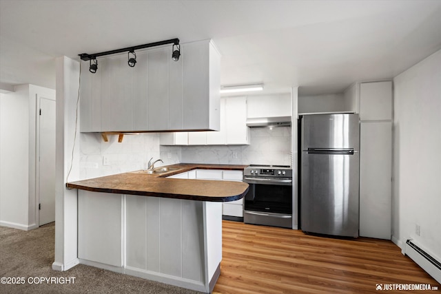 kitchen with white cabinetry, a baseboard radiator, appliances with stainless steel finishes, and kitchen peninsula