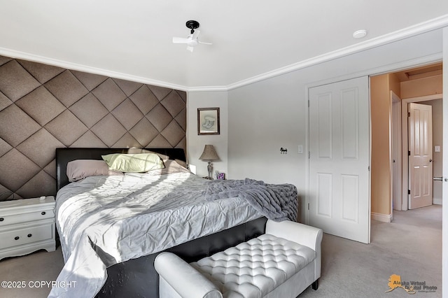 carpeted bedroom featuring crown molding