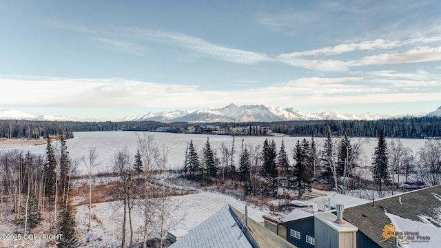 snowy aerial view with a mountain view