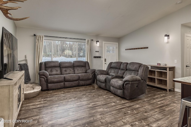 living room featuring lofted ceiling and dark wood-type flooring