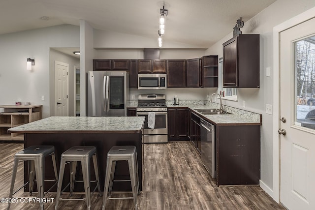 kitchen featuring a kitchen island, appliances with stainless steel finishes, dark hardwood / wood-style floors, lofted ceiling, and sink