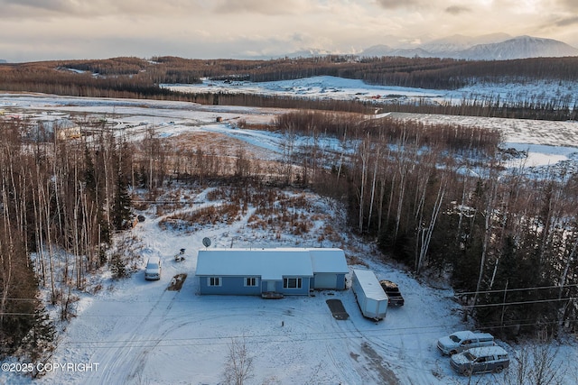 snowy aerial view featuring a mountain view