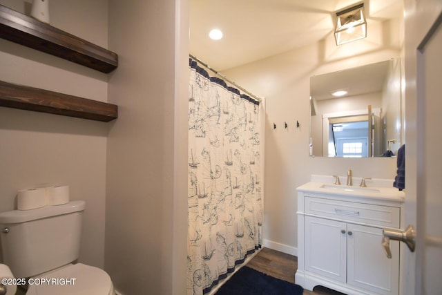 bathroom featuring vanity, toilet, and a shower with shower curtain