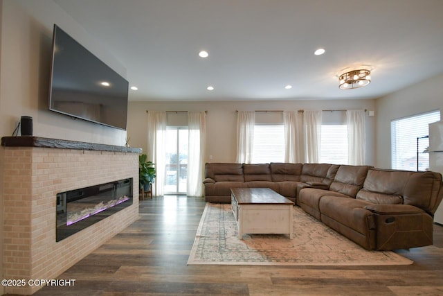 living room featuring a fireplace and dark hardwood / wood-style flooring