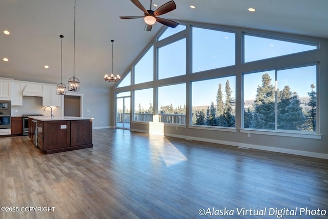 kitchen featuring hardwood / wood-style flooring, appliances with stainless steel finishes, a kitchen island with sink, hanging light fixtures, and custom range hood