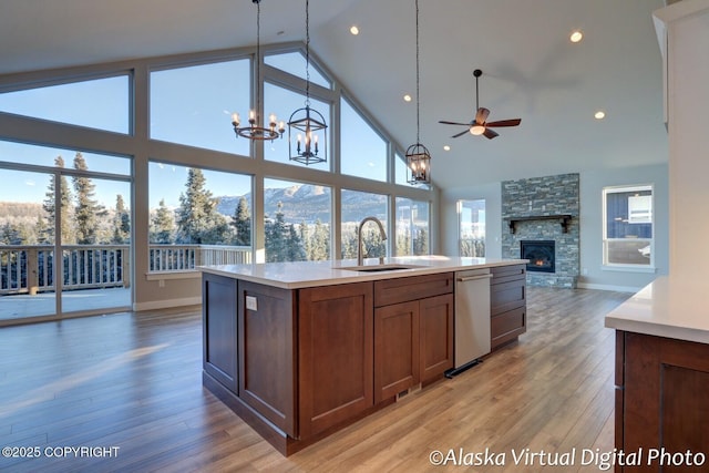 kitchen with sink, light wood-type flooring, dishwasher, a mountain view, and a kitchen island with sink