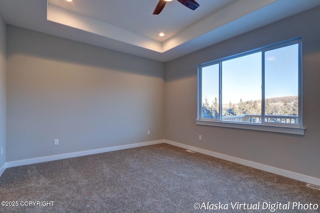 spare room featuring ceiling fan, carpet flooring, and a tray ceiling