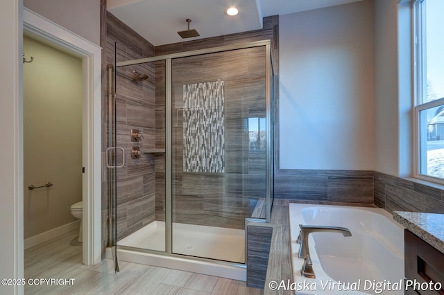 full bathroom featuring vanity, toilet, and separate shower and tub