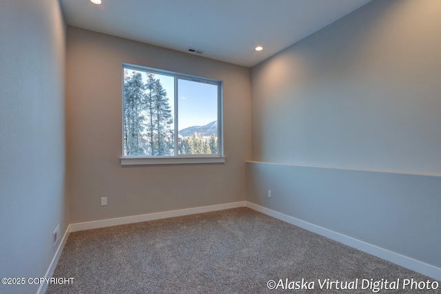 carpeted spare room with a mountain view