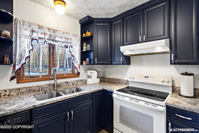 kitchen featuring blue cabinets, sink, a textured ceiling, dishwasher, and white range with electric cooktop