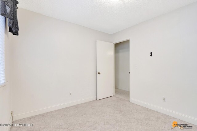 unfurnished bedroom featuring baseboards, a textured ceiling, and light colored carpet