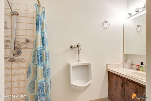 full bathroom with a shower with shower curtain and vanity