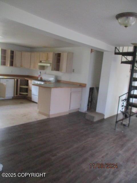 kitchen with wood-type flooring, kitchen peninsula, light brown cabinets, and stove