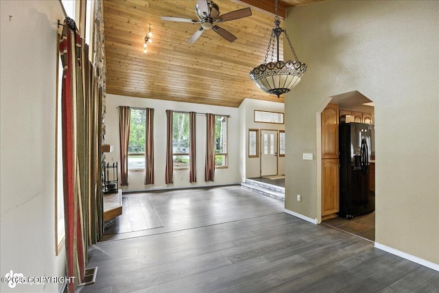 2629 Legacy Dr, Anchorage, AK 99516 - foyer with ceiling fan, wooden ceiling, high vaulted ceiling, and dark wood-style floors