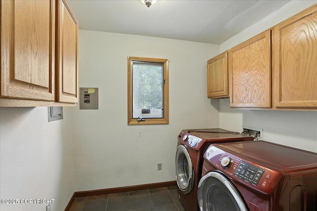 2629 Legacy Dr, Anchorage, AK 99516 - laundry area featuring cabinet space, washer and clothes dryer, and dark tile patterned floors