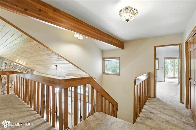 2629 Legacy Dr, Anchorage, AK 99516 - stairs featuring carpet flooring and beamed ceiling