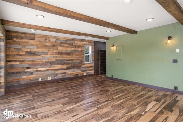 unfurnished living room featuring dark wood-type flooring, beam ceiling, and wood walls