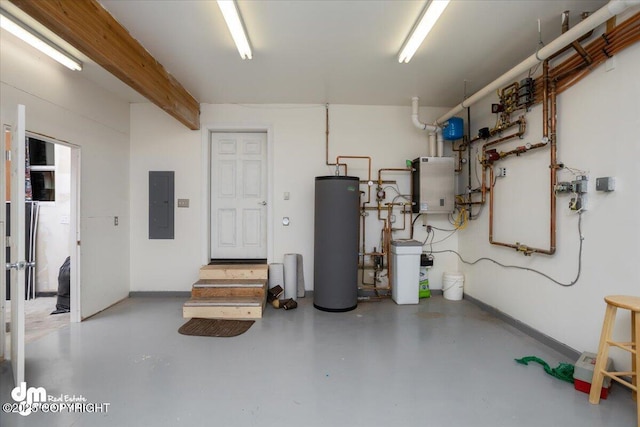 garage with water heater and electric panel