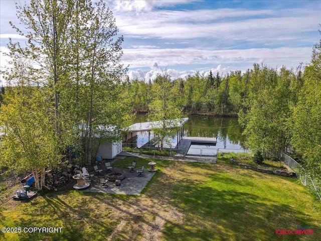 view of yard featuring a water view and a dock