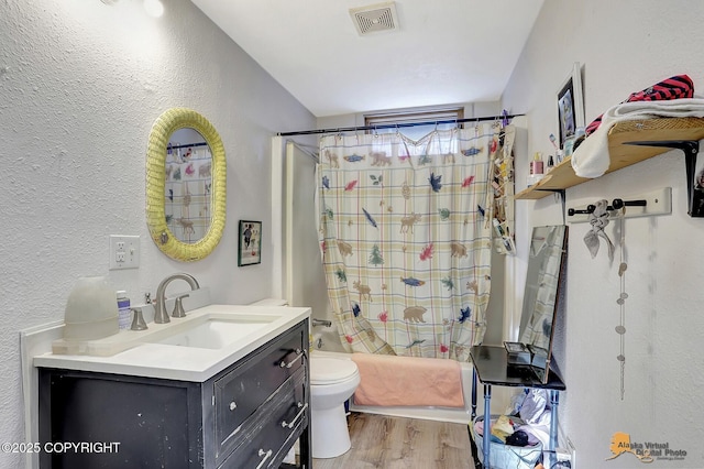 bathroom with vanity, wood-type flooring, and toilet