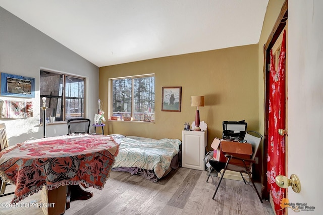 bedroom featuring lofted ceiling and light hardwood / wood-style floors