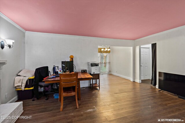 1510 E 40th Ct, Anchorage, AK 99508 - office featuring ornamental molding, a chandelier, and wood finished floors